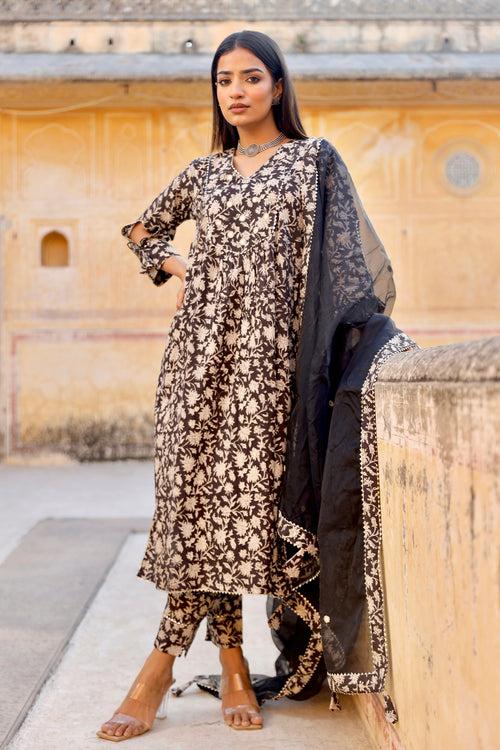 Black handblock cotton straight set with mirror work organza dupatta