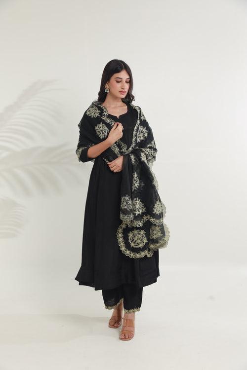 Black chanderi heavy aari embroidery dupatta three kali set