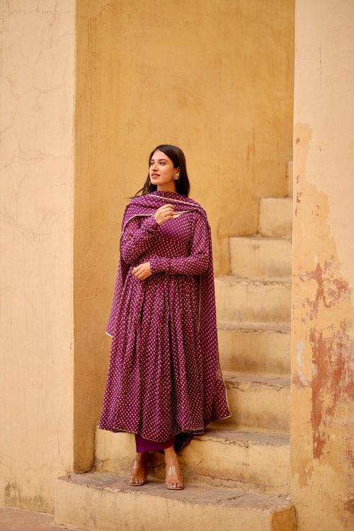 Purple bhandhej Georgette anarkali set