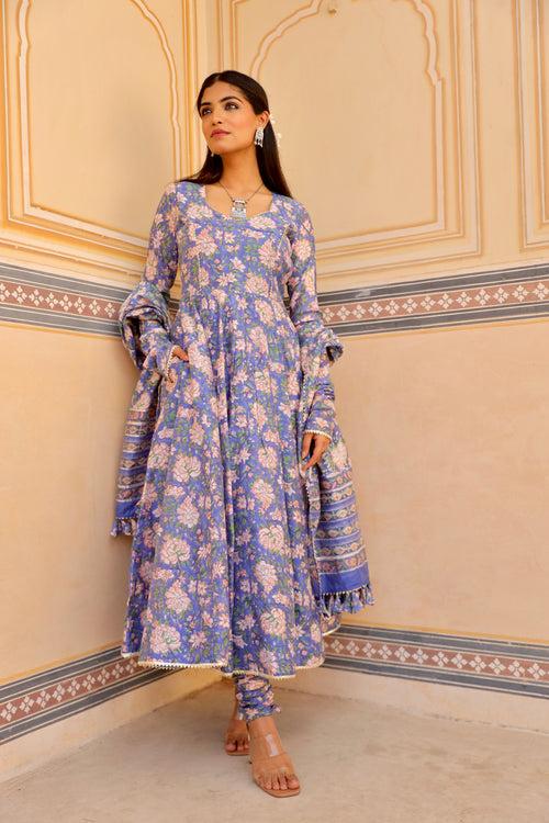 Blue flower print handblock chanderi anarkali set