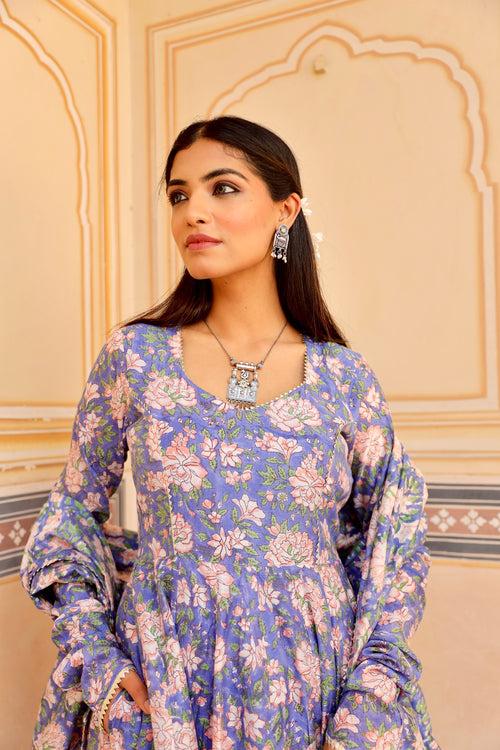 Blue flower print handblock chanderi anarkali set