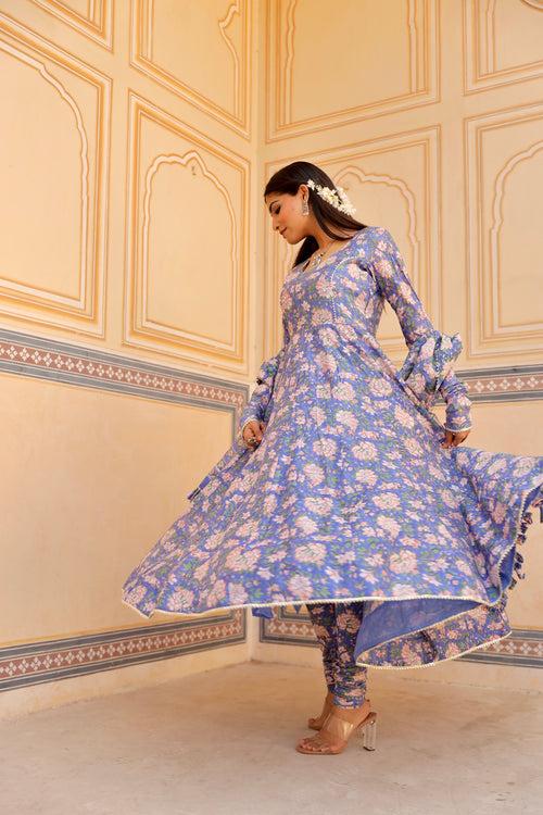 Blue flower print handblock chanderi anarkali set