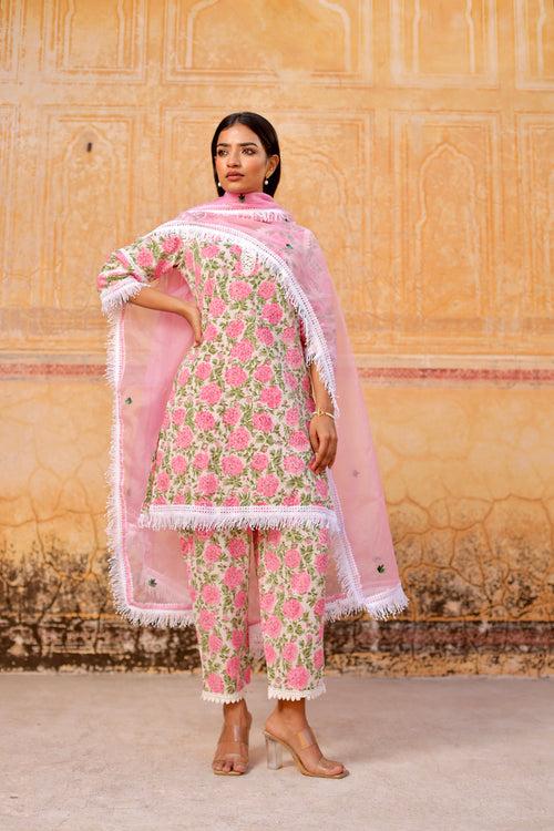 Pink flower handblock cotton straight set