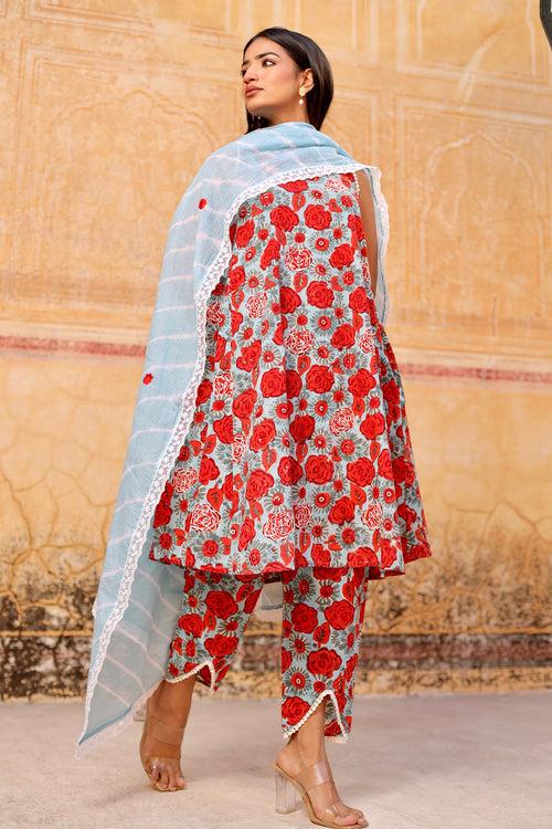 Red flower handblock cotton straight set with lehriya dupatta