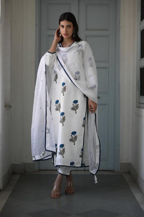 Kiara handblock mugal print white straight set