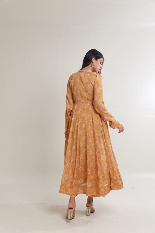 Yellow floral digital print viscose chinon anarkali set