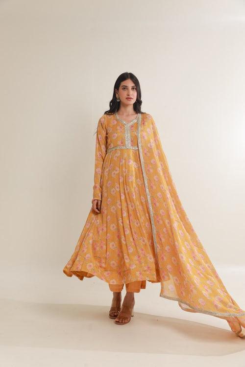 Yellow floral digital print viscose chinon anarkali set