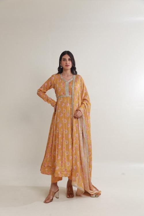 Yellow floral digital print viscose chinon anarkali set