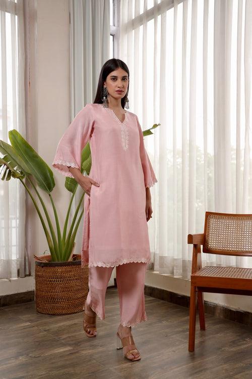 Pink muslin embroidered kurta set organza dupatta