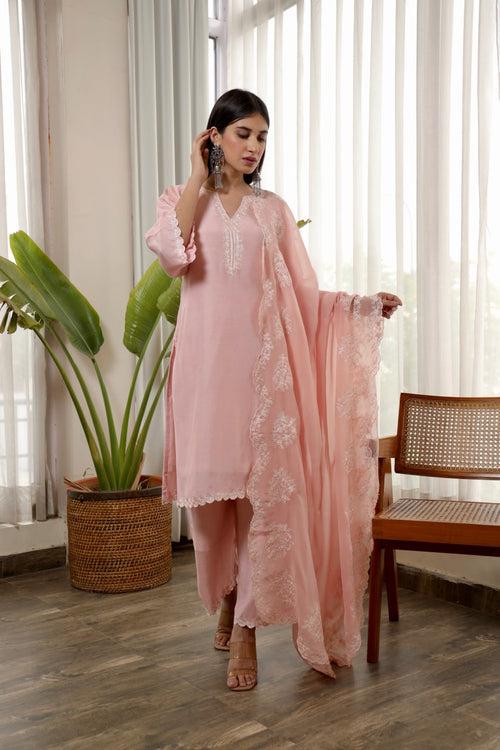 Pink muslin embroidered kurta set organza dupatta