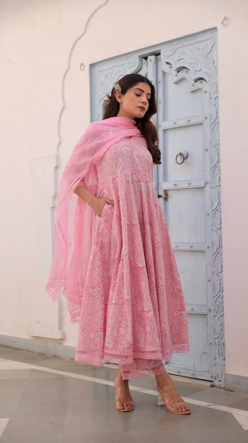 Pink Jaal Handblock Cotton Anarkali With Doriya Dupatta