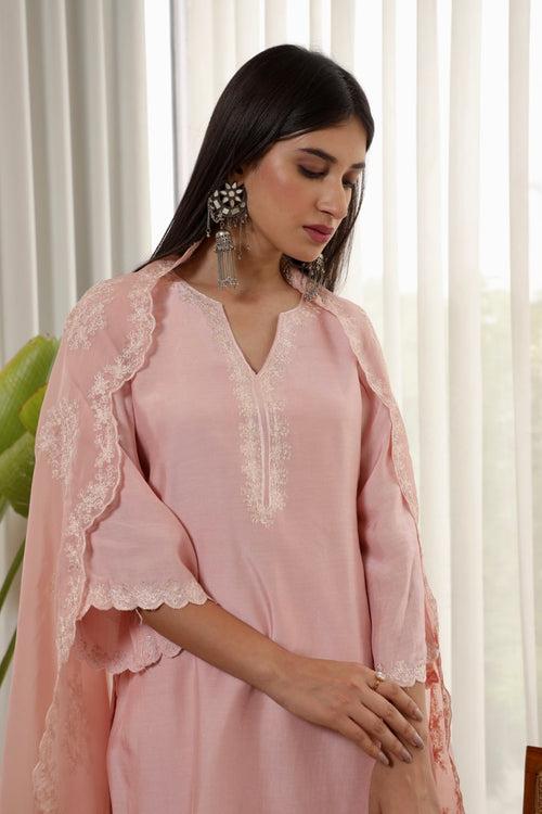 Pink muslin embroidered kurta set organza dupatta