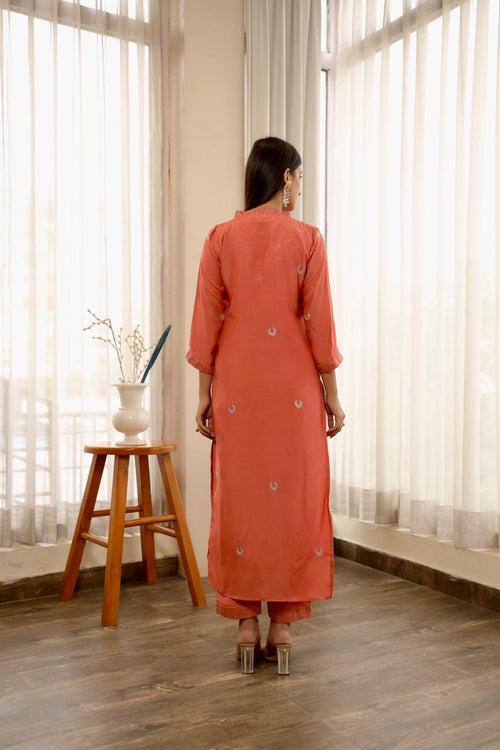 Chand embroidery orange muslin straight set