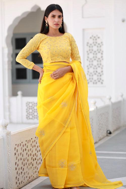 Shreeja yellow viscose silk organza saree