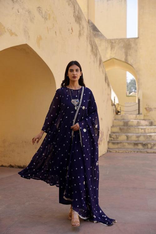 Blue tie and dye bhandhej anarkali