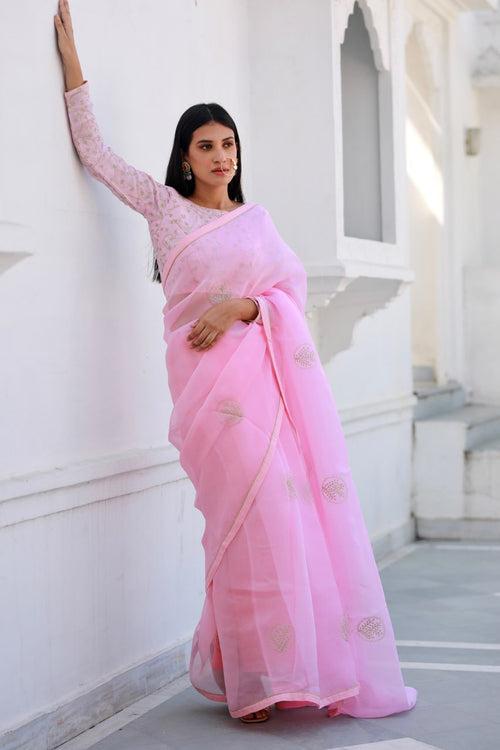 Shreeja pink viscose silk organza saree