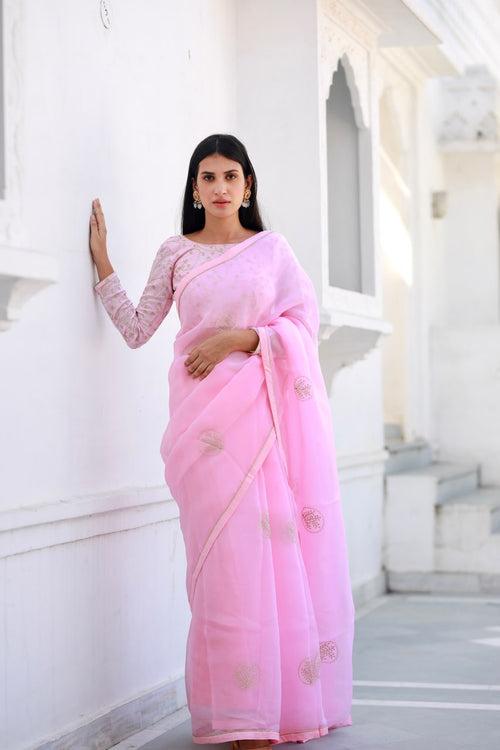 Shreeja pink viscose silk organza saree