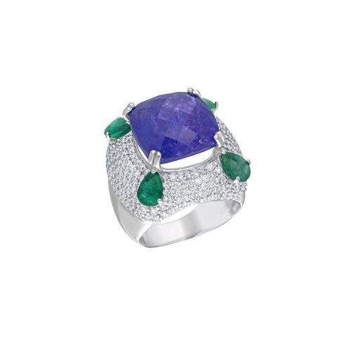 "Azure" Tanzanite, Emerald and Diamond Cocktail Ring