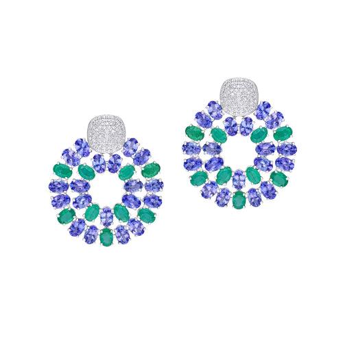 "Azure" Mismatched Tanzanite, Emerald and Diamond Ear Clips