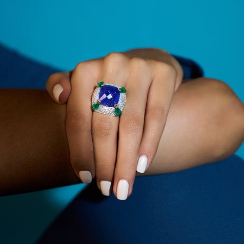"Azure" Tanzanite, Emerald and Diamond Cocktail Ring