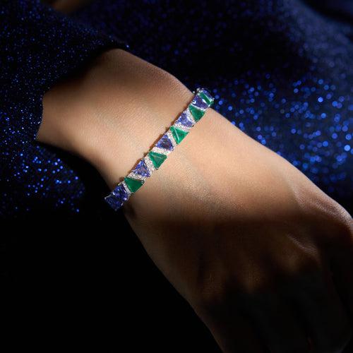 "Azure" Triangular Tanzanite, Emerald and Diamond Bangle