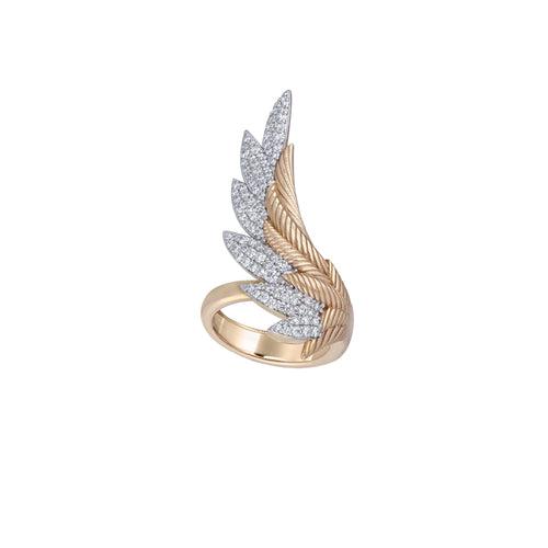 Single Winged Ring in Textured Gold with a hinge of Diamond Pave