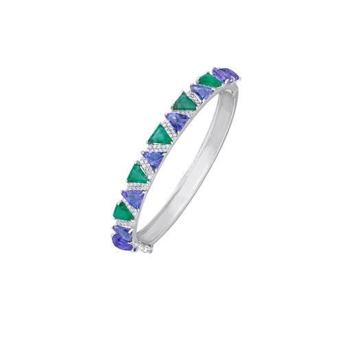 "Azure" Triangular Tanzanite, Emerald and Diamond Bangle