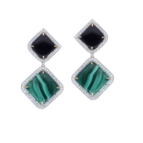 Malachite, Black Onyx and Diamond Earrings
