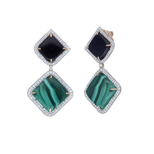 Malachite, Black Onyx and Diamond Earrings