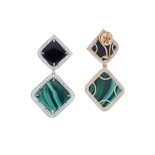 Malachite, Black Onyx and Diamond Earrings