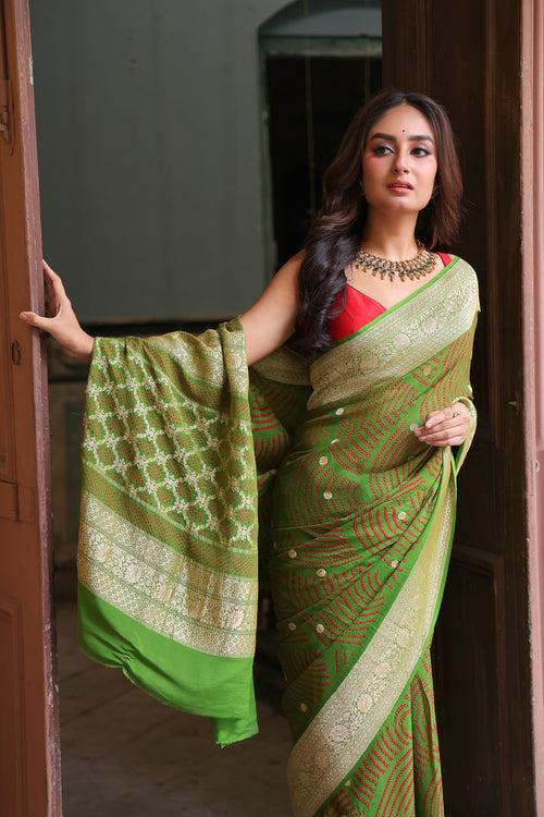 Green Exclusive Handloom Pure Banarsi Georgette Bandhani Saree