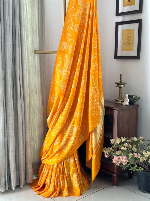 Orangish Yellow Floral Pure Gajji Silk Bandhani Saree