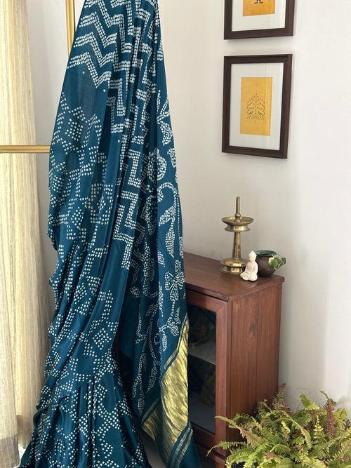 Blue Floral Pure Gajji Silk Bandhani Saree