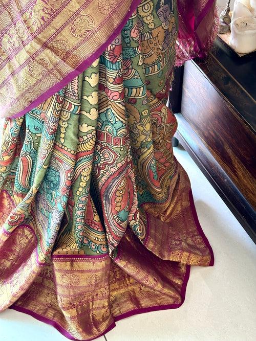 Dashavtaram Theme Pure Kanjivaram Silk Kalamkari Saree