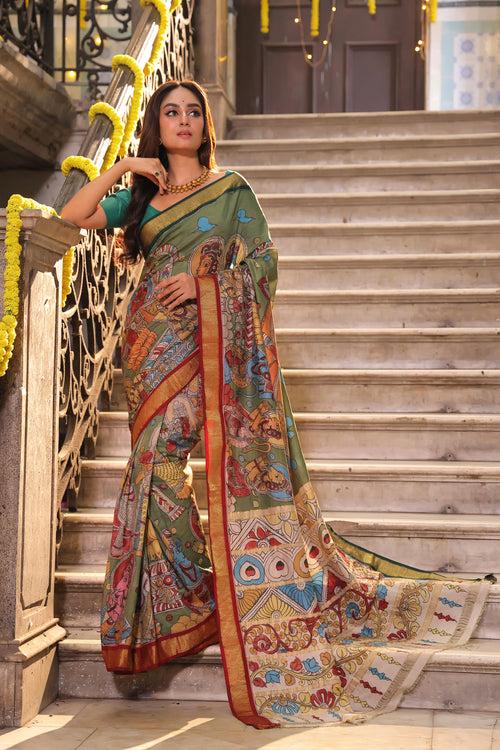 Jai SitaRam Theme Pure Kanjivaram Silk Kalamkari Saree