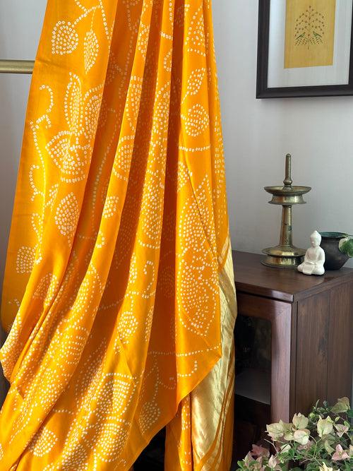 Orangish Yellow Floral Pure Gajji Silk Bandhani Saree