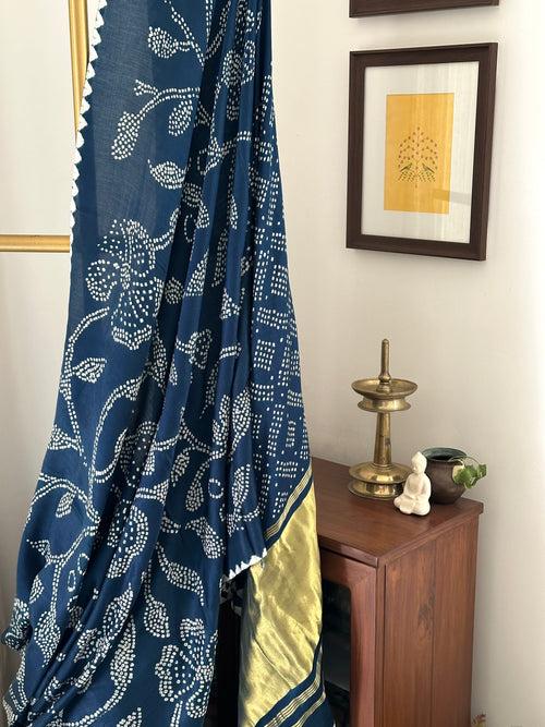 Blue Floral Pure Gajji Silk Bandhani Saree