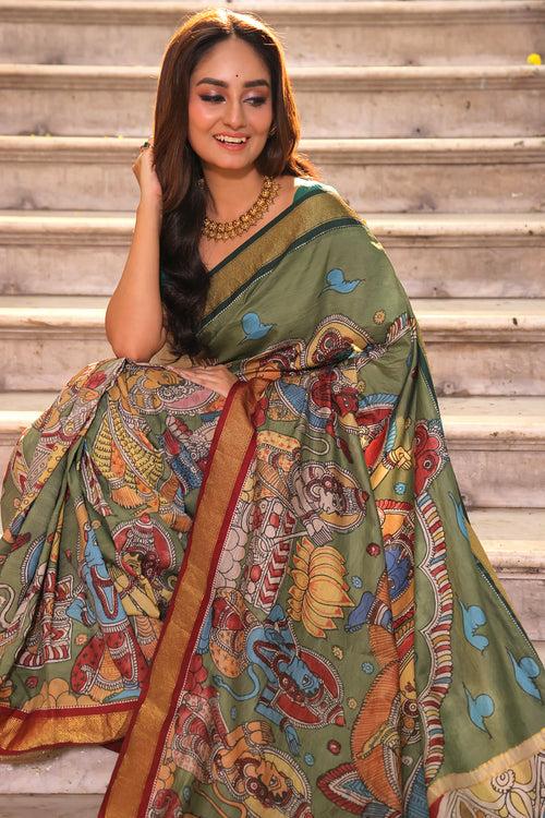 Jai SitaRam Theme Pure Kanjivaram Silk Kalamkari Saree