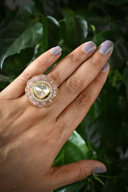 Handcrafted Adjustable 92.5 Silver Ring with Moissanite polki and Imitation Rose Quartz