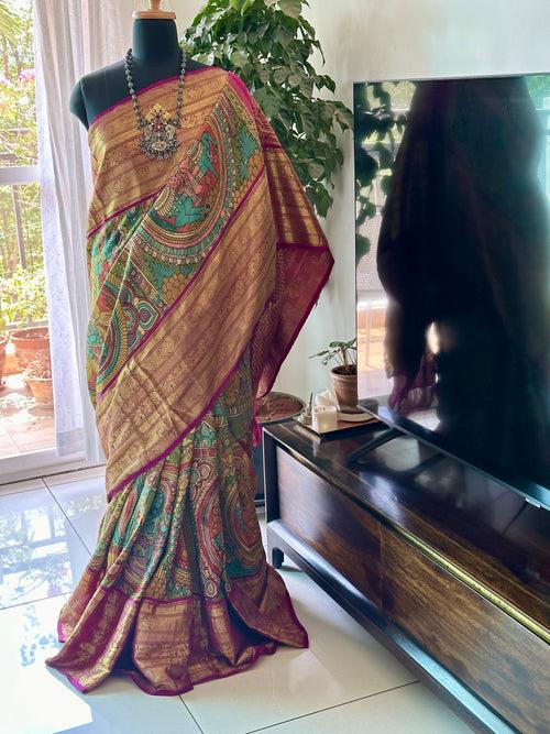 Dashavtaram Theme Pure Kanjivaram Silk Kalamkari Saree