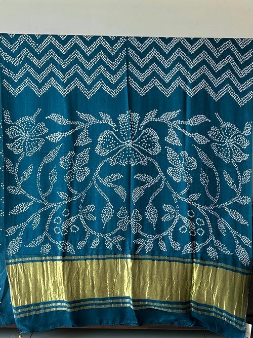 Blue Floral Pure Gajji Silk Bandhani Saree