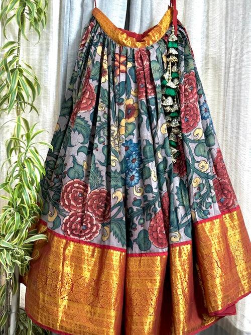 Grey Base Floral Theme Kanchi Pattu Kalamkari Lehenga