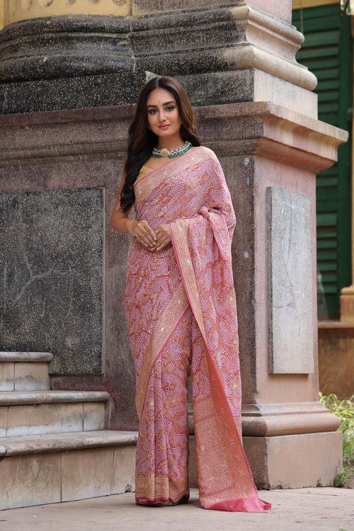 Shade of Old Rose Exclusive Handloom Pure Banarsi Georgette Bandhani Saree