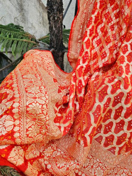 Reddish Orange Pure Banarsi Georgette Bandhani Dupatta