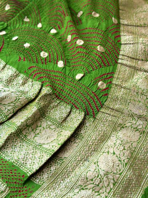 Green Exclusive Handloom Pure Banarsi Georgette Bandhani Saree