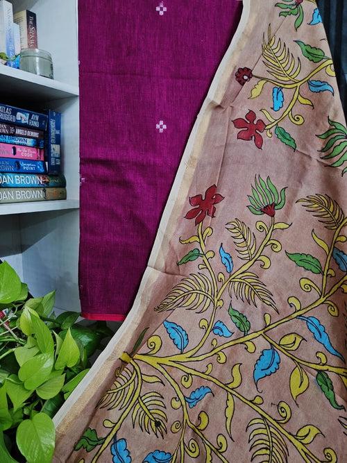 Handloom Mulmul Jamdani Fabric With Bangalore Silk Kalamkari Dupatta.