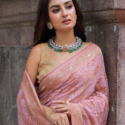 Shade of Old Rose Exclusive Handloom Pure Banarsi Georgette Bandhani Saree