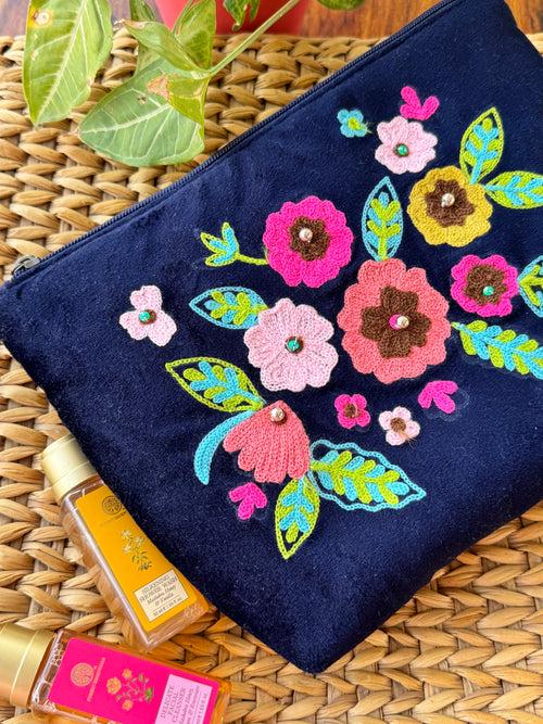 Large Embroidered Multipurpose Velvet Quilted Pouch/ Bag