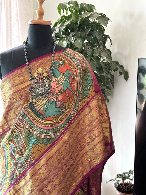 Dashavtaram Theme Pure Kanjivaram Silk Kalamkari Saree