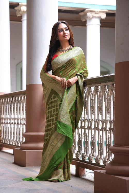 Green Exclusive Handloom Pure Banarsi Georgette Bandhani Saree